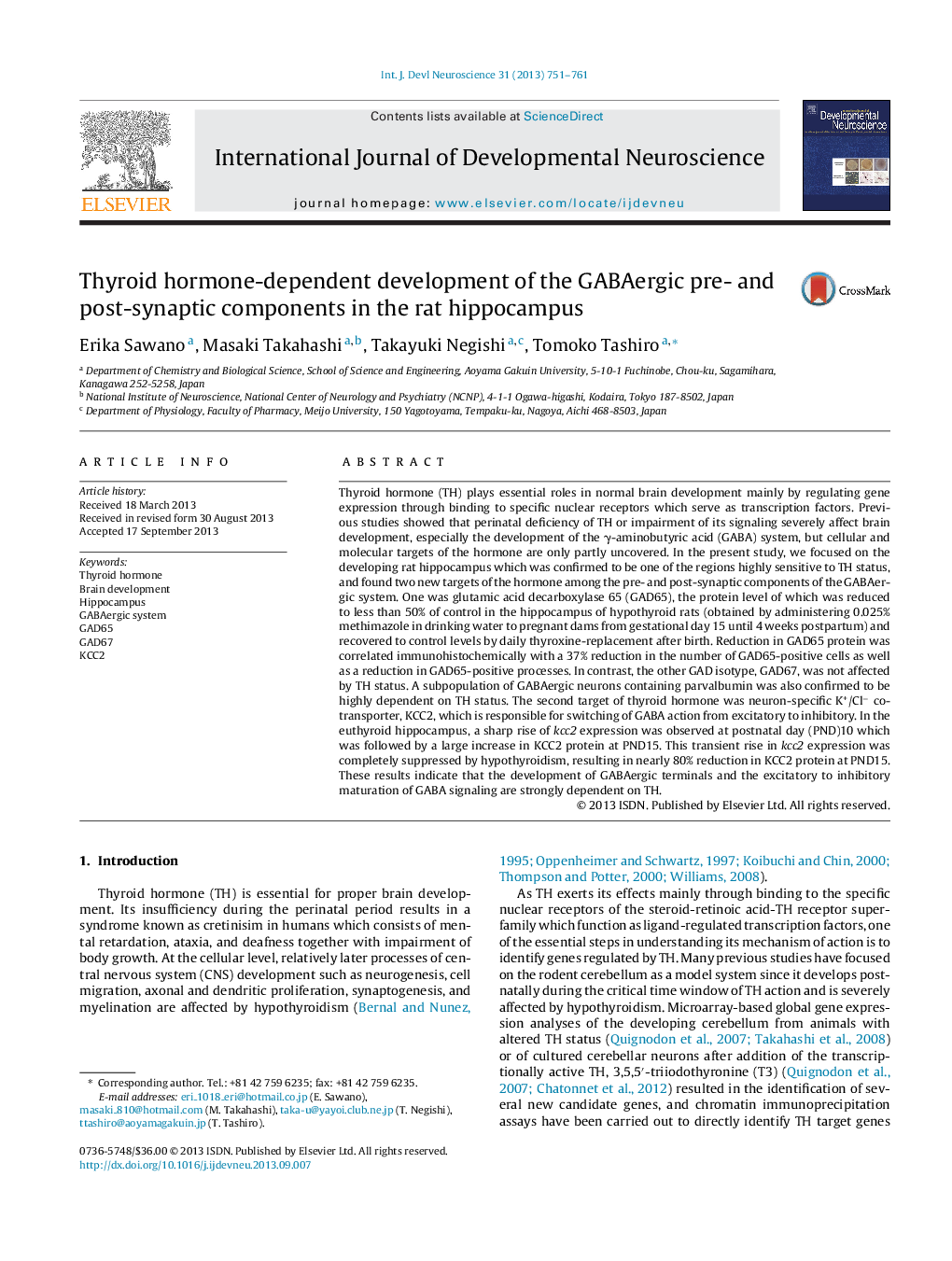 Thyroid hormone-dependent development of the GABAergic pre- and post-synaptic components in the rat hippocampus