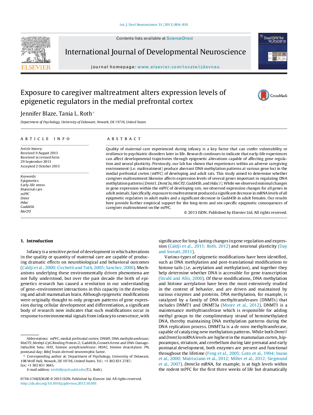 Exposure to caregiver maltreatment alters expression levels of epigenetic regulators in the medial prefrontal cortex