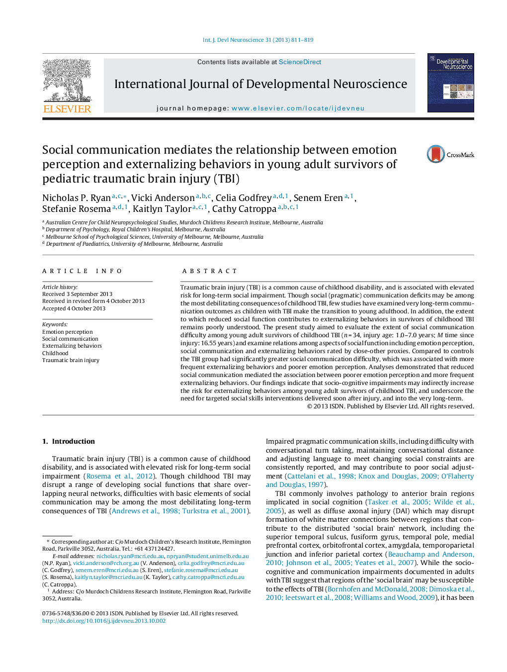 Social communication mediates the relationship between emotion perception and externalizing behaviors in young adult survivors of pediatric traumatic brain injury (TBI)