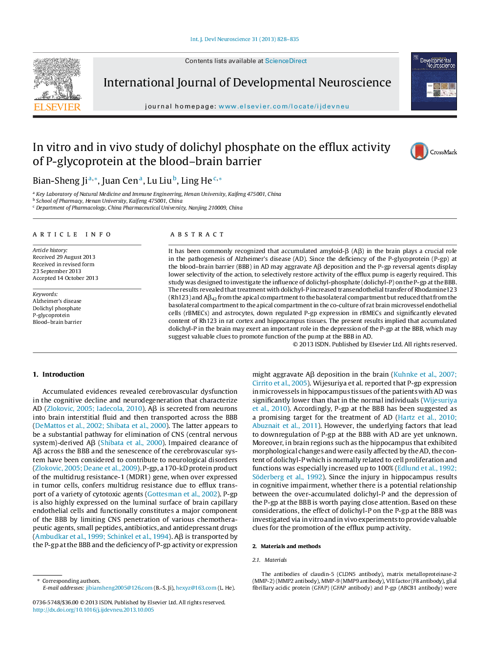 In vitro and in vivo study of dolichyl phosphate on the efflux activity of P-glycoprotein at the blood–brain barrier