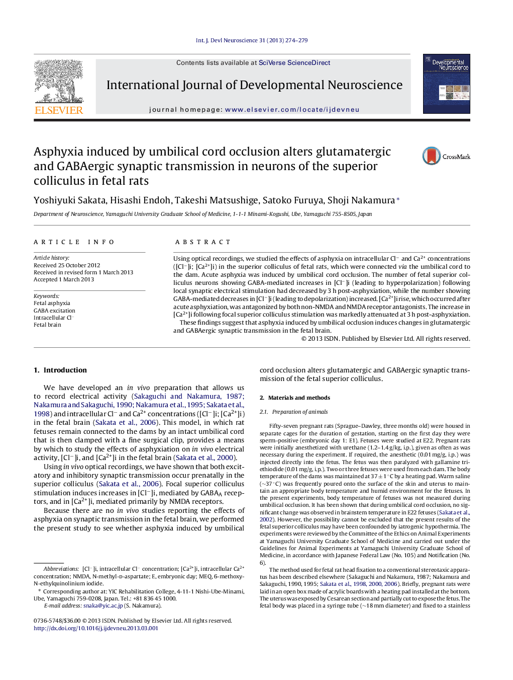 Asphyxia induced by umbilical cord occlusion alters glutamatergic and GABAergic synaptic transmission in neurons of the superior colliculus in fetal rats