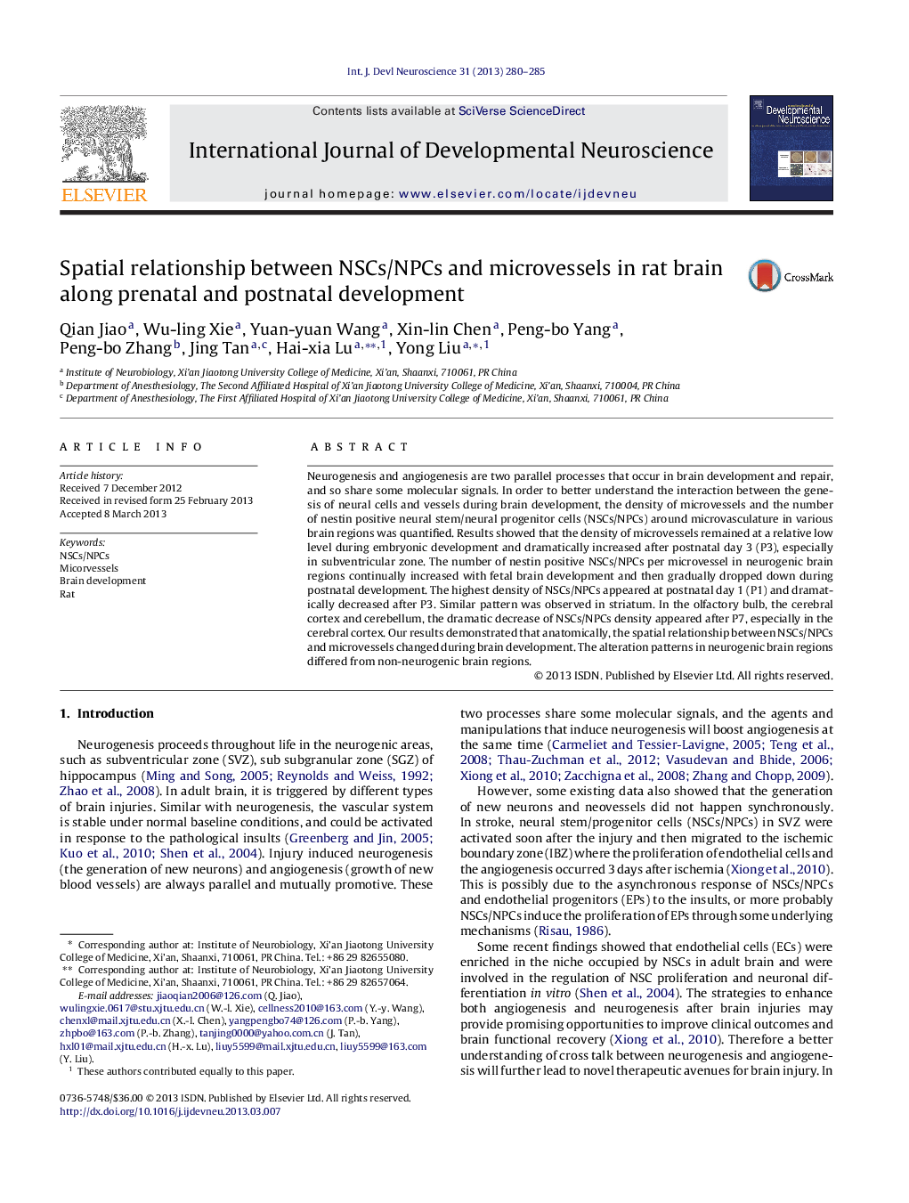 Spatial relationship between NSCs/NPCs and microvessels in rat brain along prenatal and postnatal development