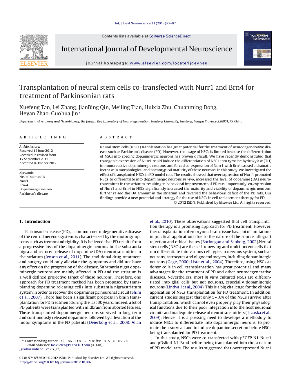 Transplantation of neural stem cells co-transfected with Nurr1 and Brn4 for treatment of Parkinsonian rats