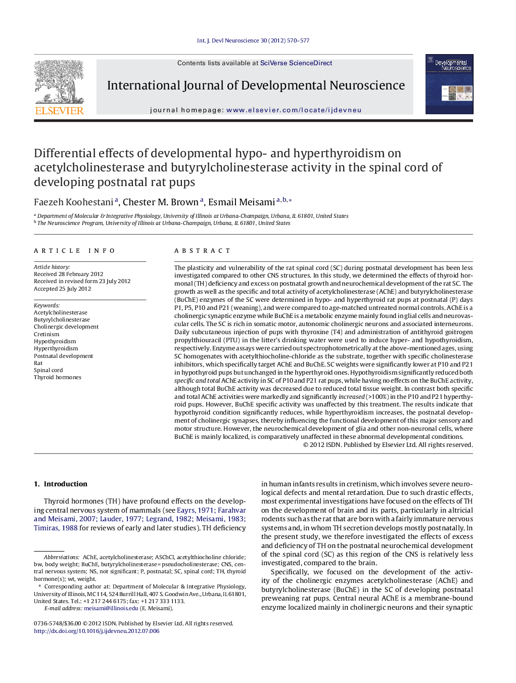 Differential effects of developmental hypo- and hyperthyroidism on acetylcholinesterase and butyrylcholinesterase activity in the spinal cord of developing postnatal rat pups