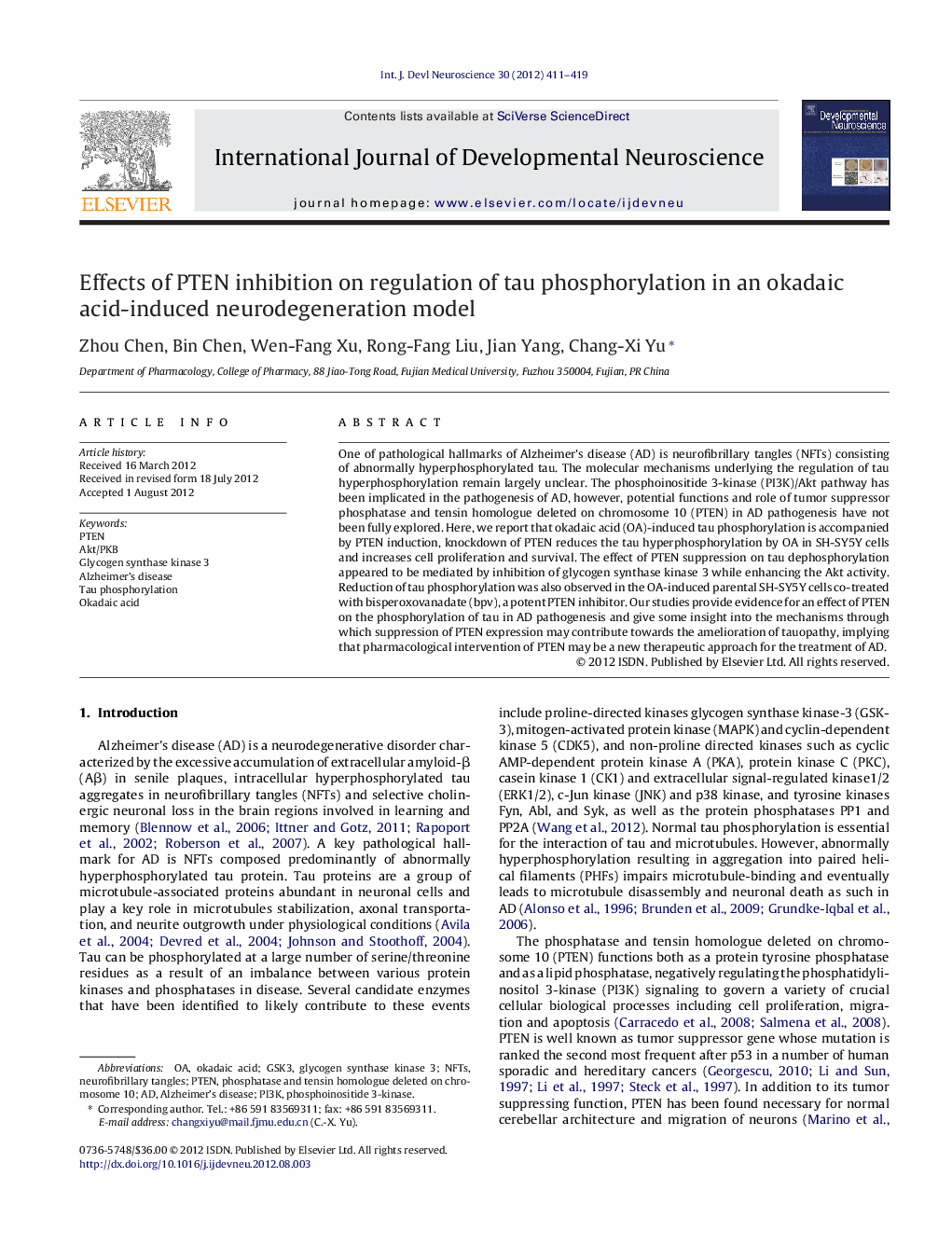 Effects of PTEN inhibition on regulation of tau phosphorylation in an okadaic acid-induced neurodegeneration model