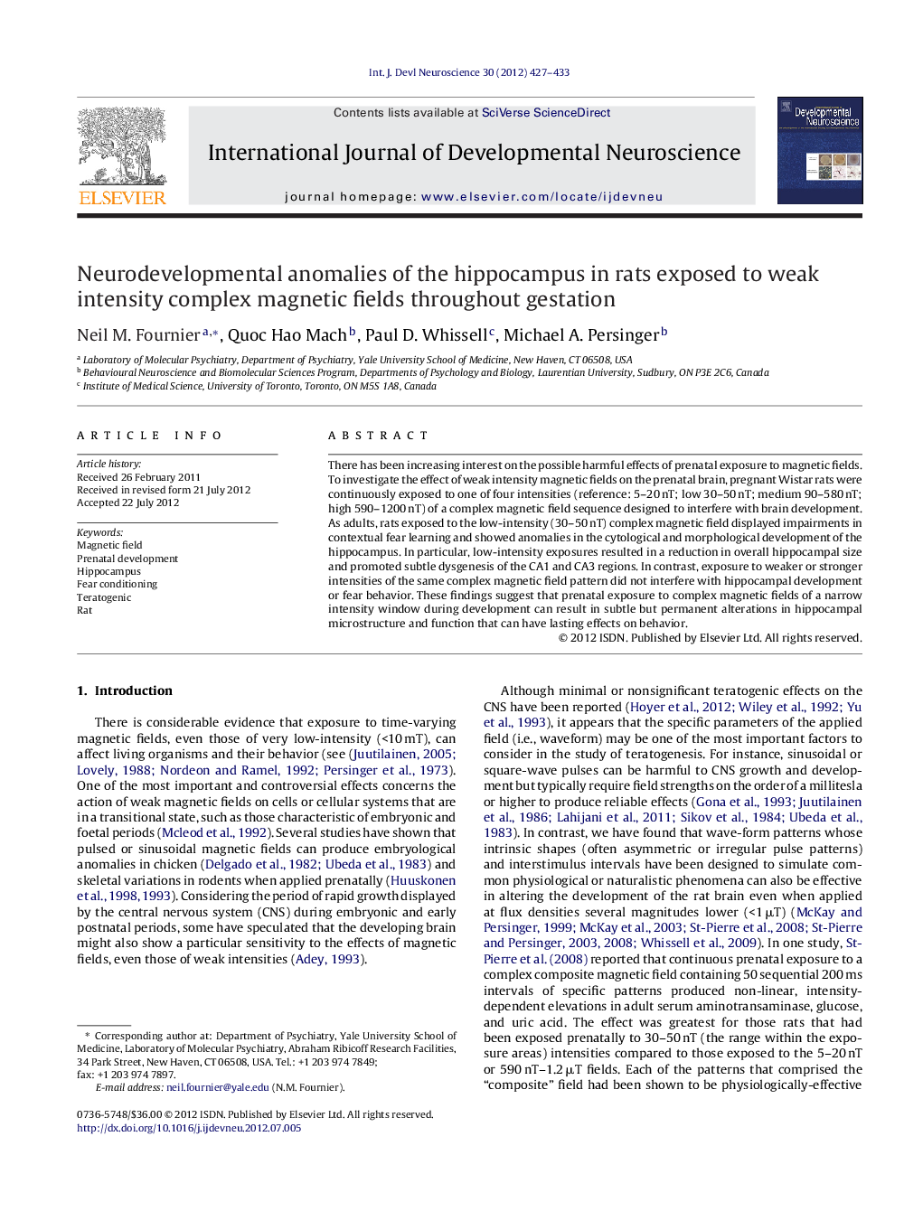 Neurodevelopmental anomalies of the hippocampus in rats exposed to weak intensity complex magnetic fields throughout gestation