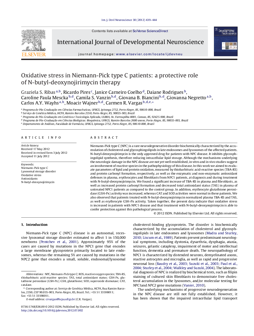 Oxidative stress in Niemann-Pick type C patients: a protective role of N-butyl-deoxynojirimycin therapy