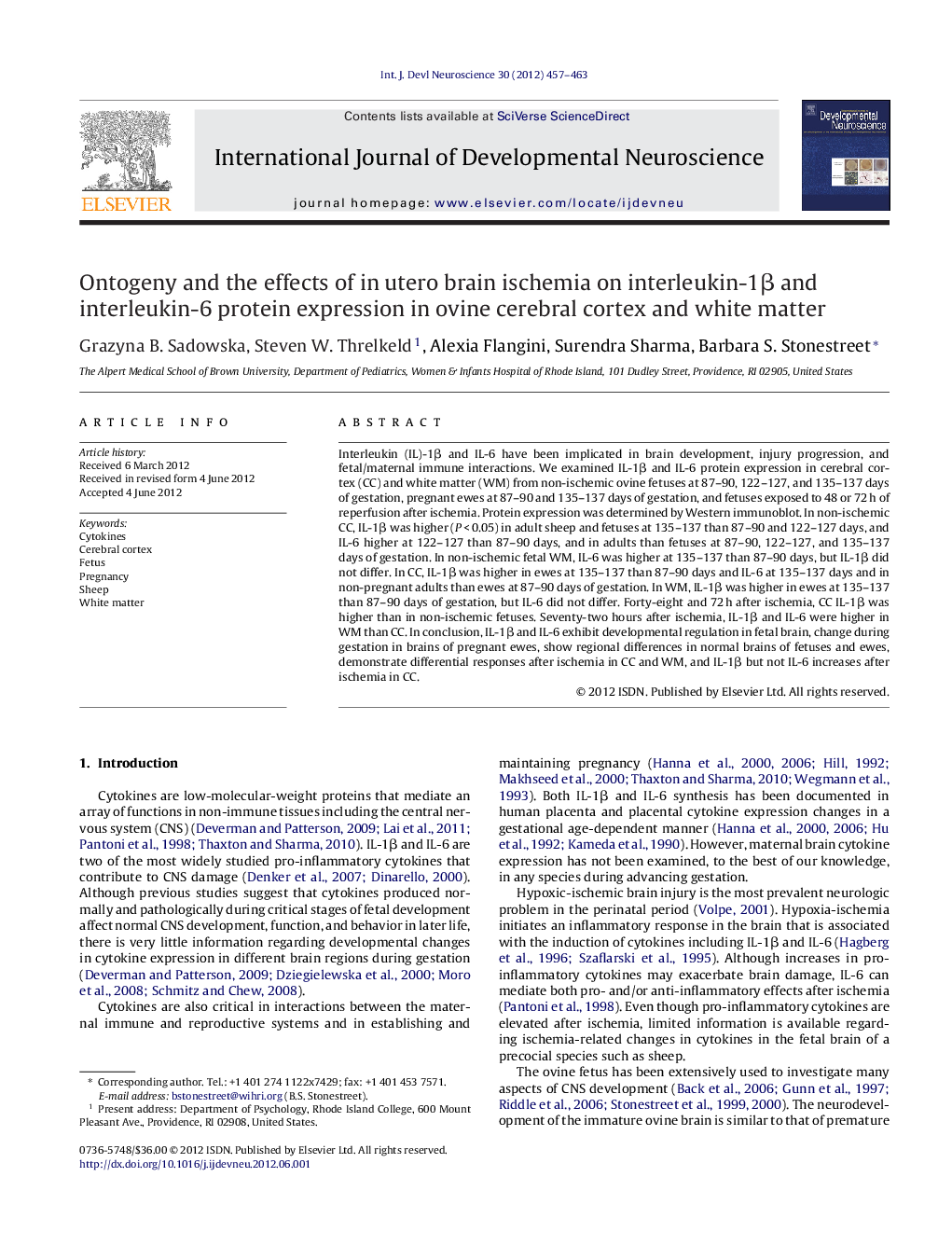 Ontogeny and the effects of in utero brain ischemia on interleukin-1Î² and interleukin-6 protein expression in ovine cerebral cortex and white matter