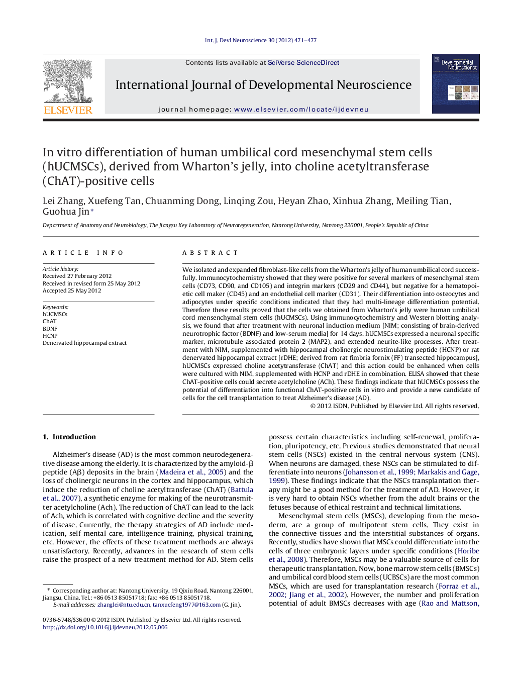 In vitro differentiation of human umbilical cord mesenchymal stem cells (hUCMSCs), derived from Wharton's jelly, into choline acetyltransferase (ChAT)-positive cells