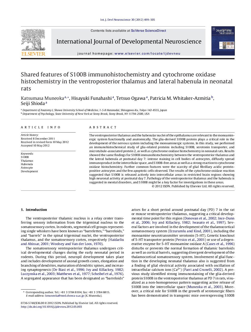 Shared features of S100B immunohistochemistry and cytochrome oxidase histochemistry in the ventroposterior thalamus and lateral habenula in neonatal rats