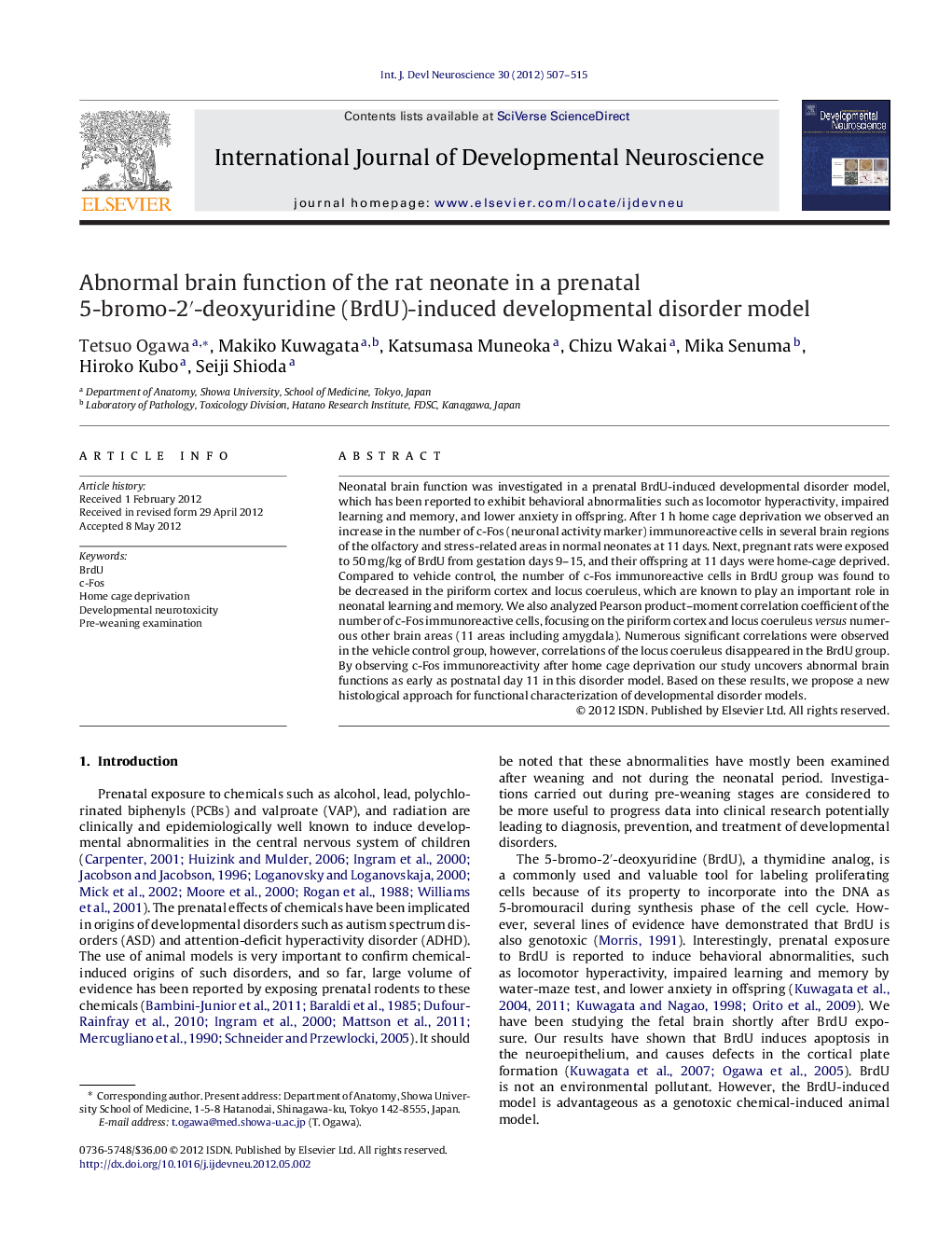 Abnormal brain function of the rat neonate in a prenatal 5-bromo-2′-deoxyuridine (BrdU)-induced developmental disorder model