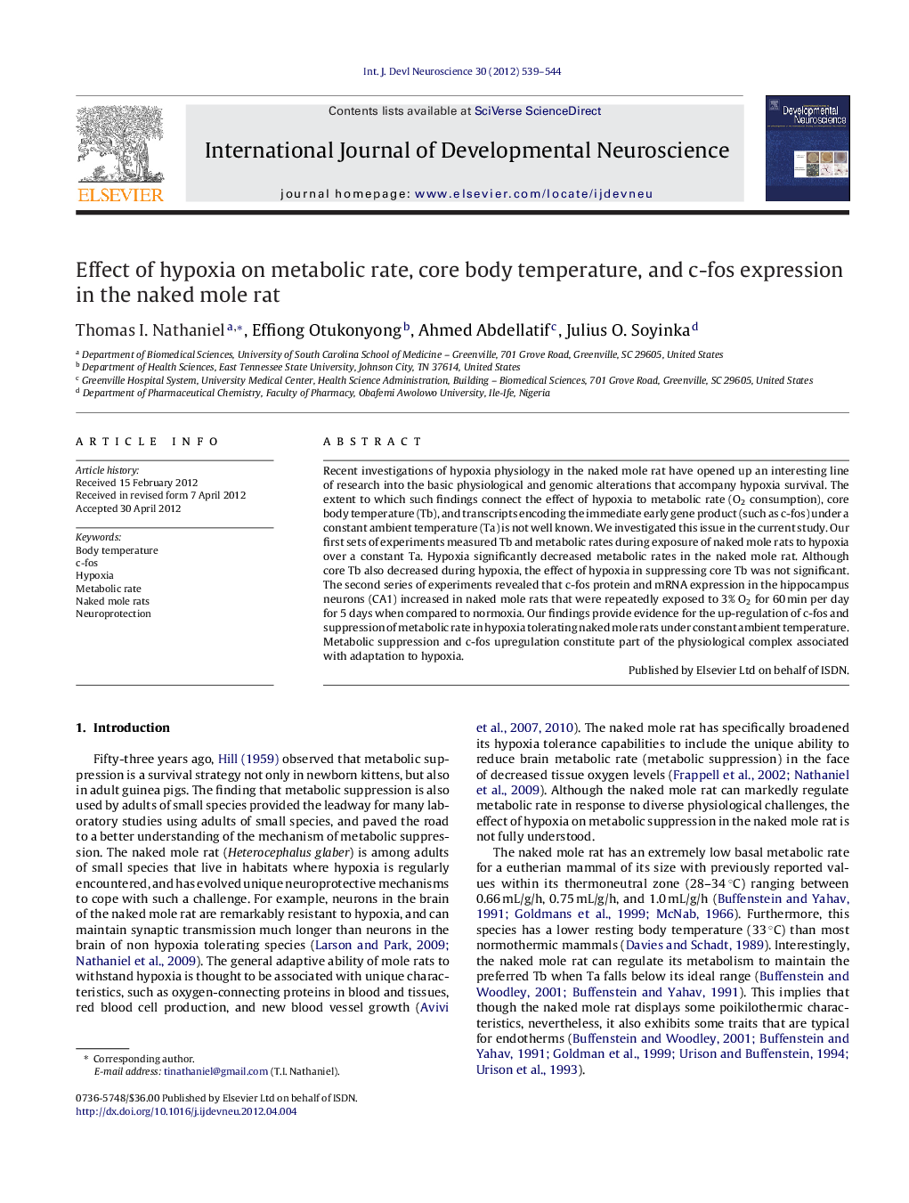 Effect of hypoxia on metabolic rate, core body temperature, and c-fos expression in the naked mole rat