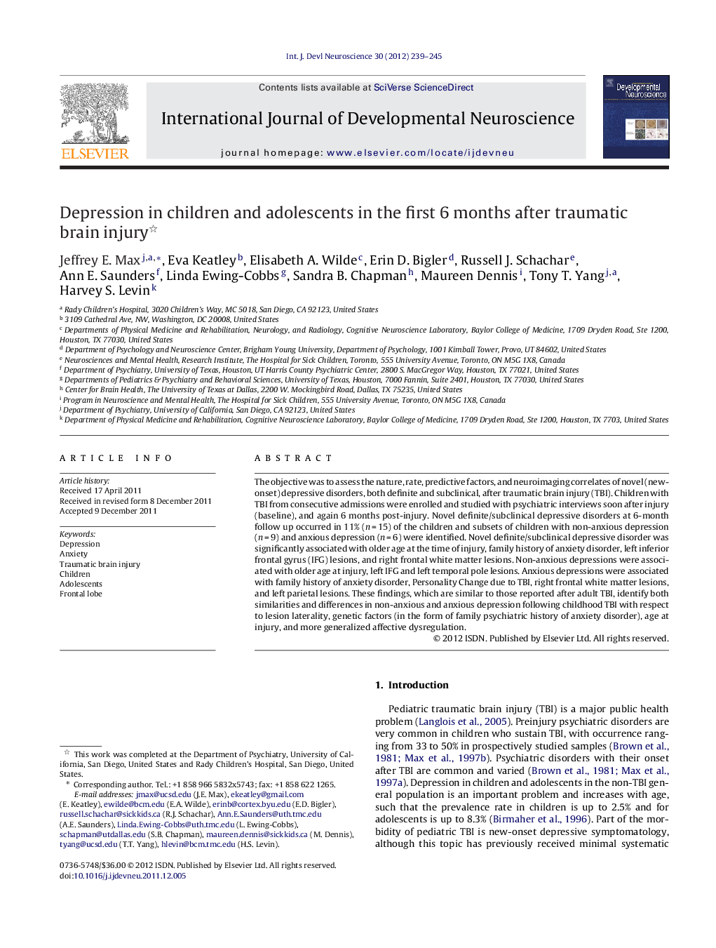 Depression in children and adolescents in the first 6 months after traumatic brain injury 