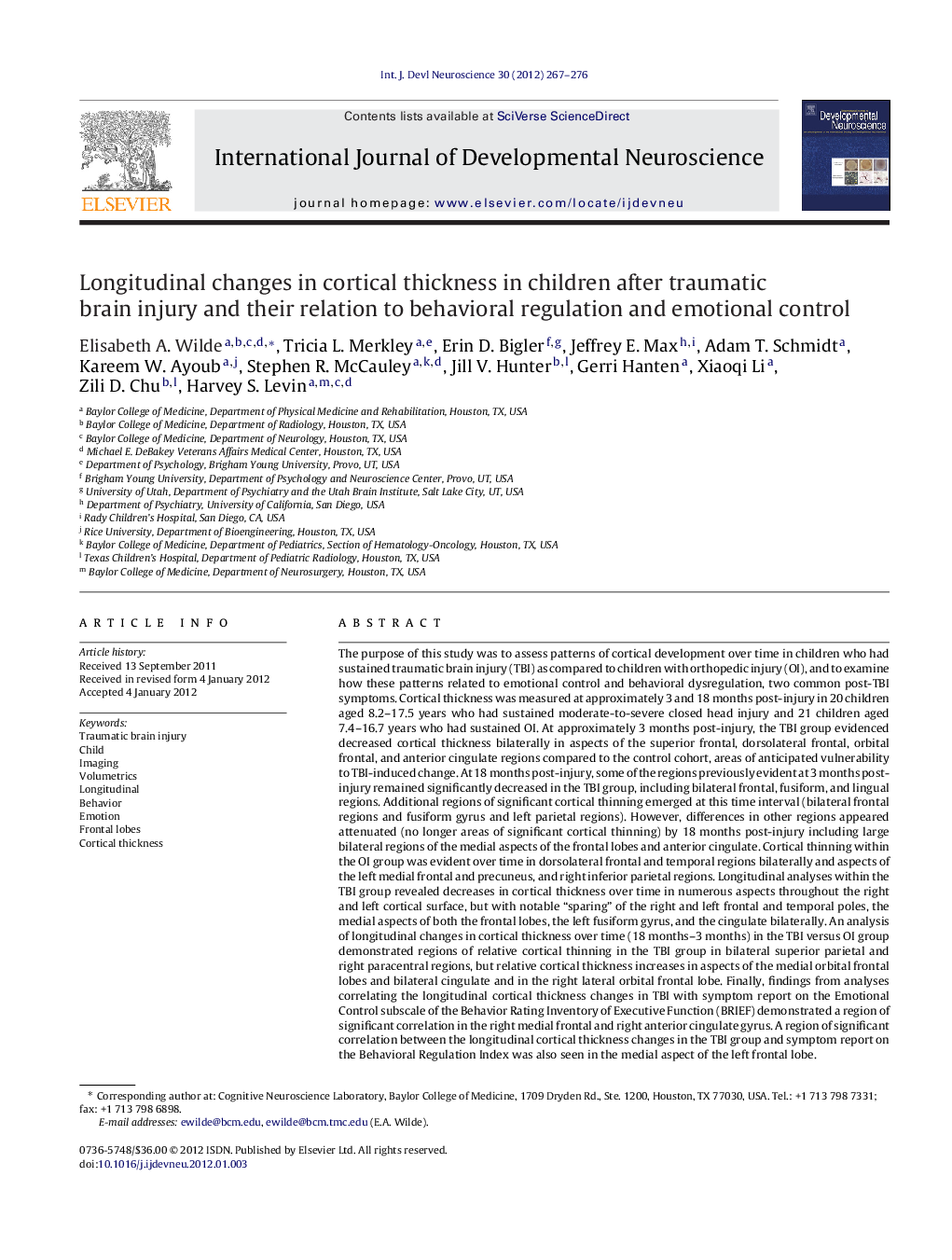 Longitudinal changes in cortical thickness in children after traumatic brain injury and their relation to behavioral regulation and emotional control