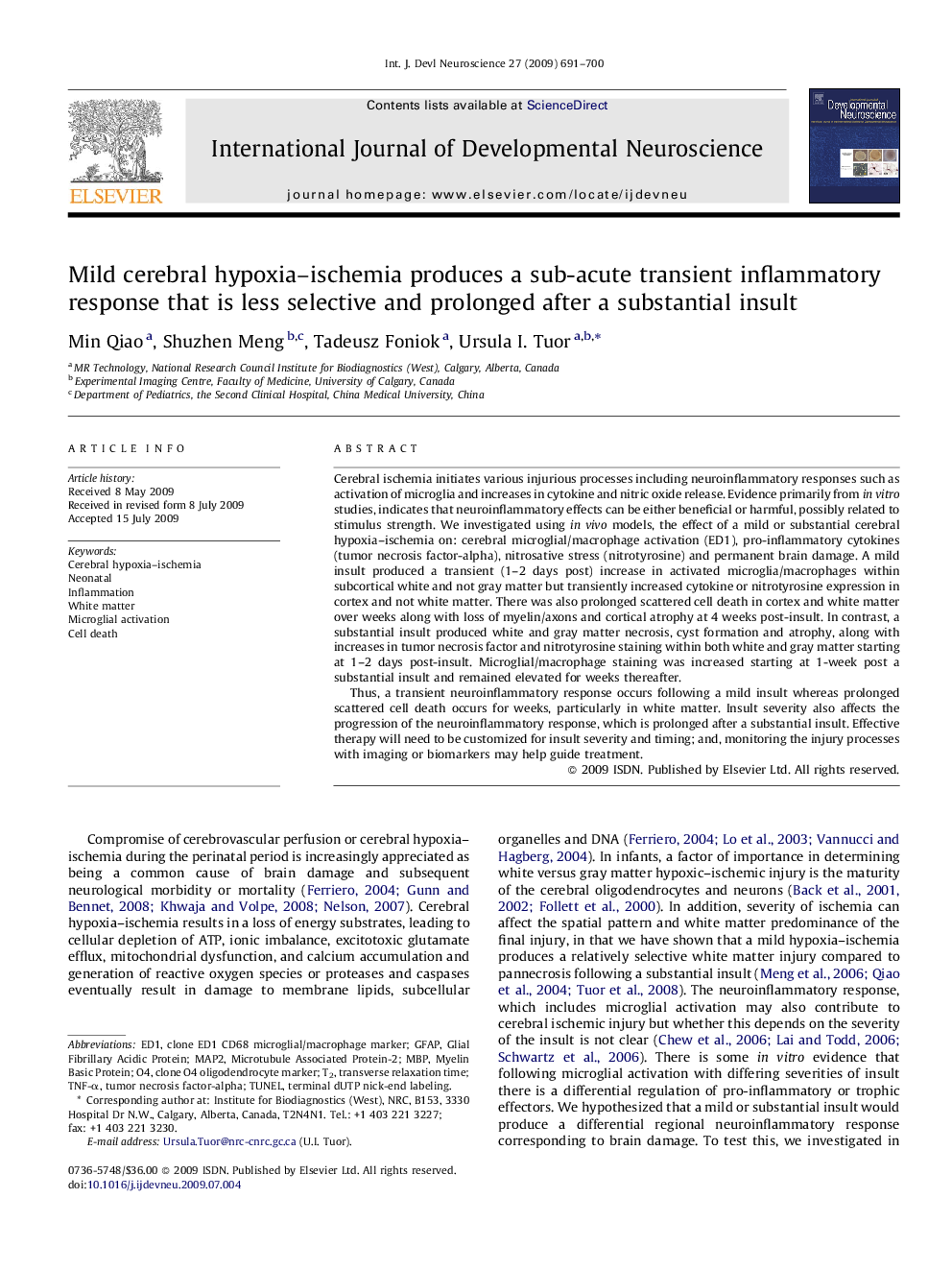 Mild cerebral hypoxia–ischemia produces a sub-acute transient inflammatory response that is less selective and prolonged after a substantial insult