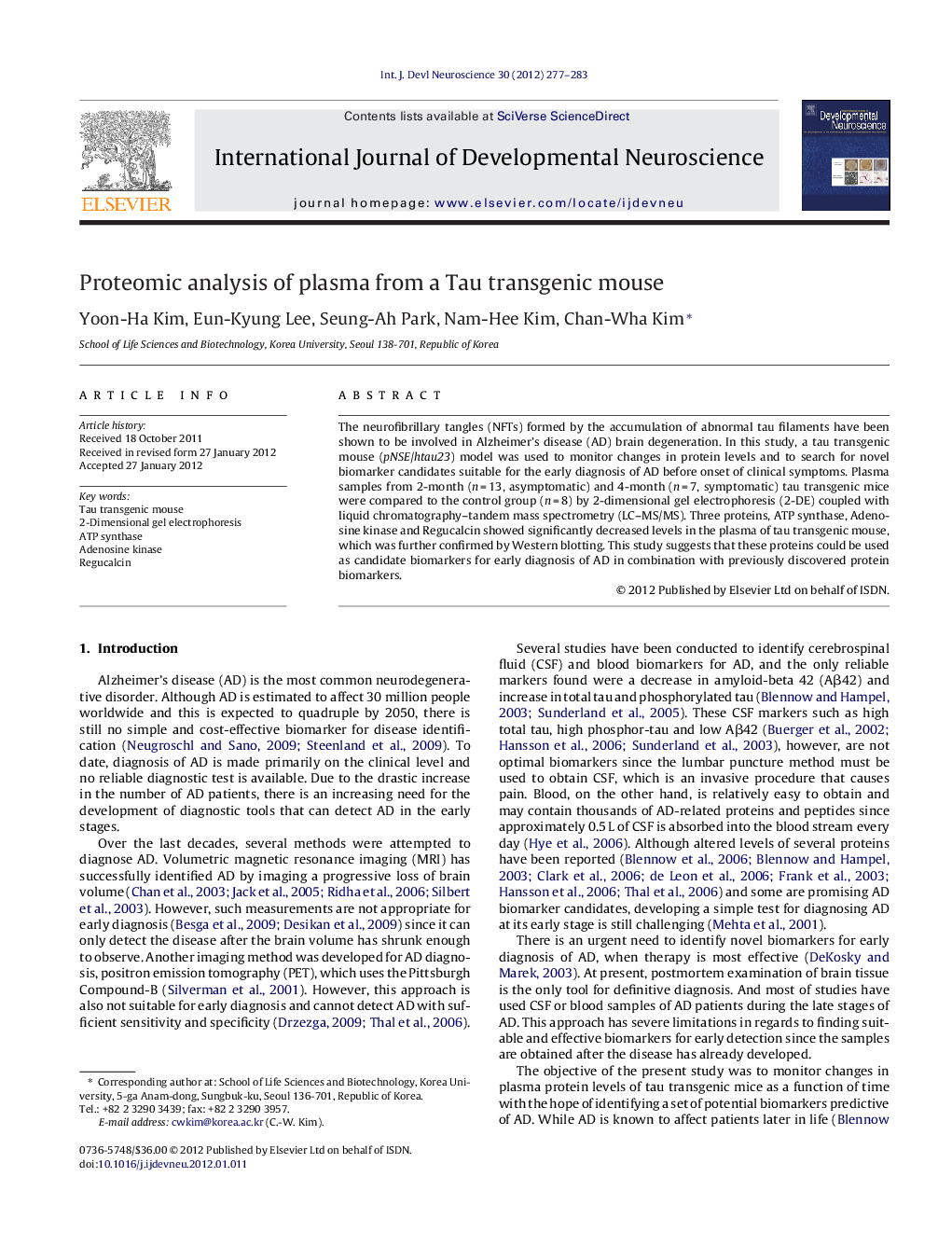 Proteomic analysis of plasma from a Tau transgenic mouse