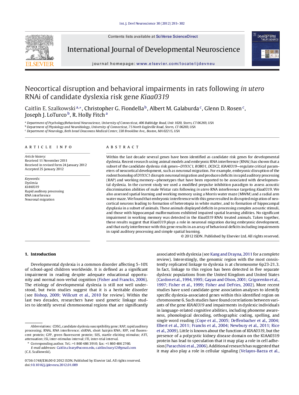 Neocortical disruption and behavioral impairments in rats following in utero RNAi of candidate dyslexia risk gene Kiaa0319