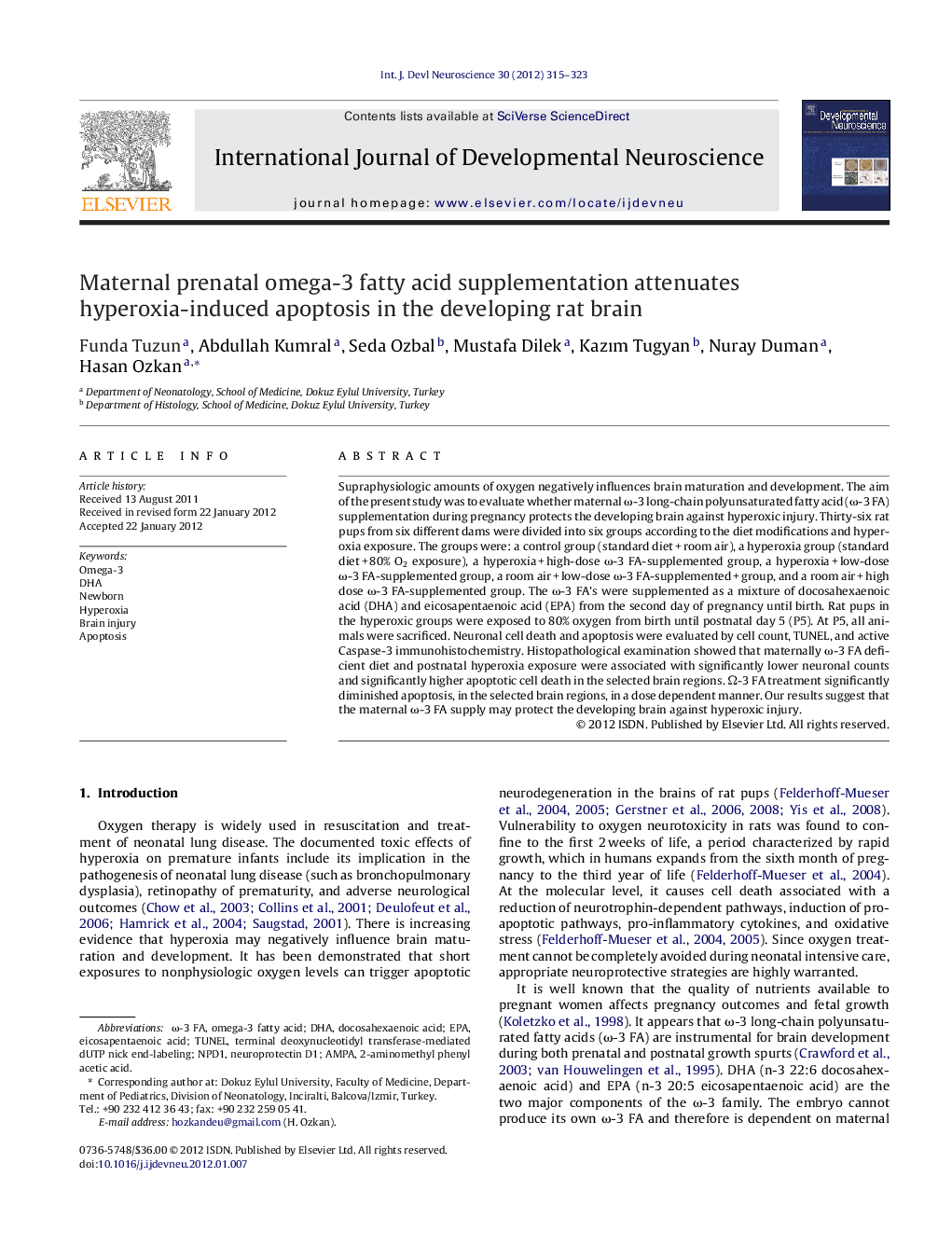 Maternal prenatal omega-3 fatty acid supplementation attenuates hyperoxia-induced apoptosis in the developing rat brain