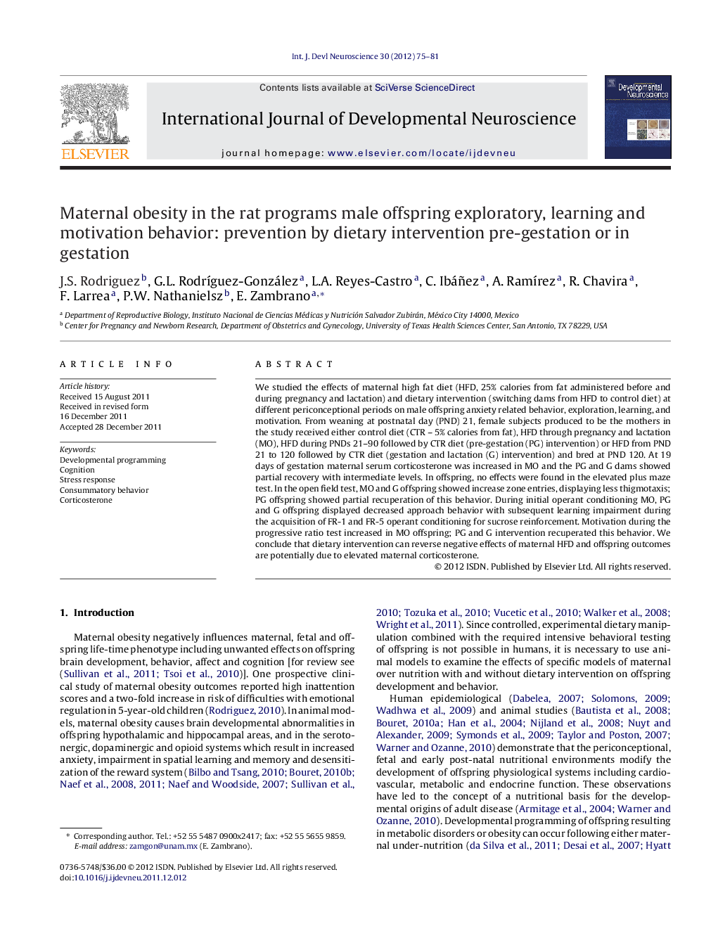 Maternal obesity in the rat programs male offspring exploratory, learning and motivation behavior: prevention by dietary intervention pre-gestation or in gestation