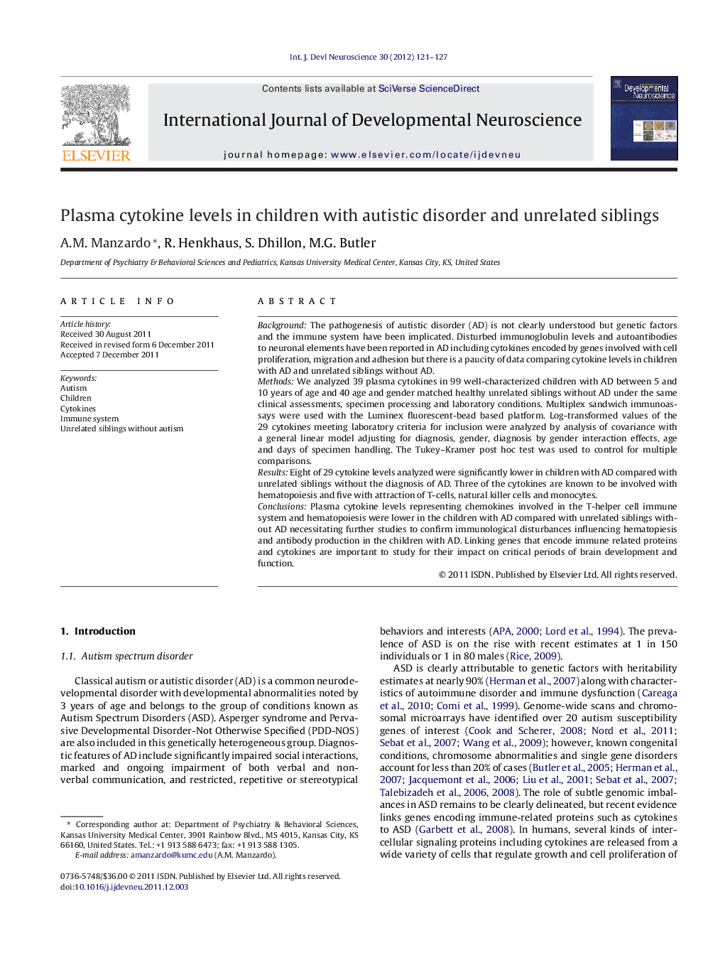 Plasma cytokine levels in children with autistic disorder and unrelated siblings