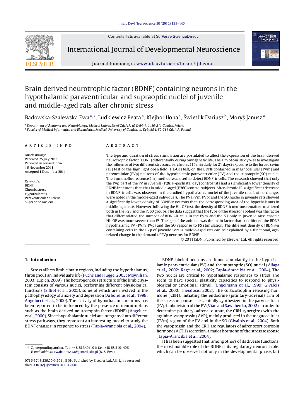 Brain derived neurotrophic factor (BDNF) containing neurons in the hypothalamic paraventricular and supraoptic nuclei of juvenile and middle-aged rats after chronic stress