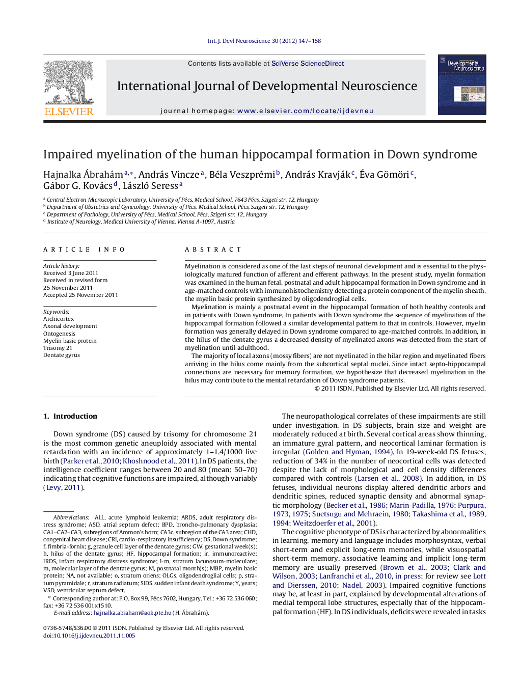 Impaired myelination of the human hippocampal formation in Down syndrome