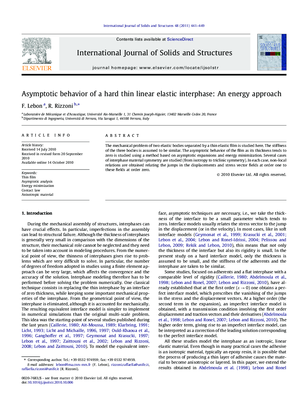 Asymptotic behavior of a hard thin linear elastic interphase: An energy approach