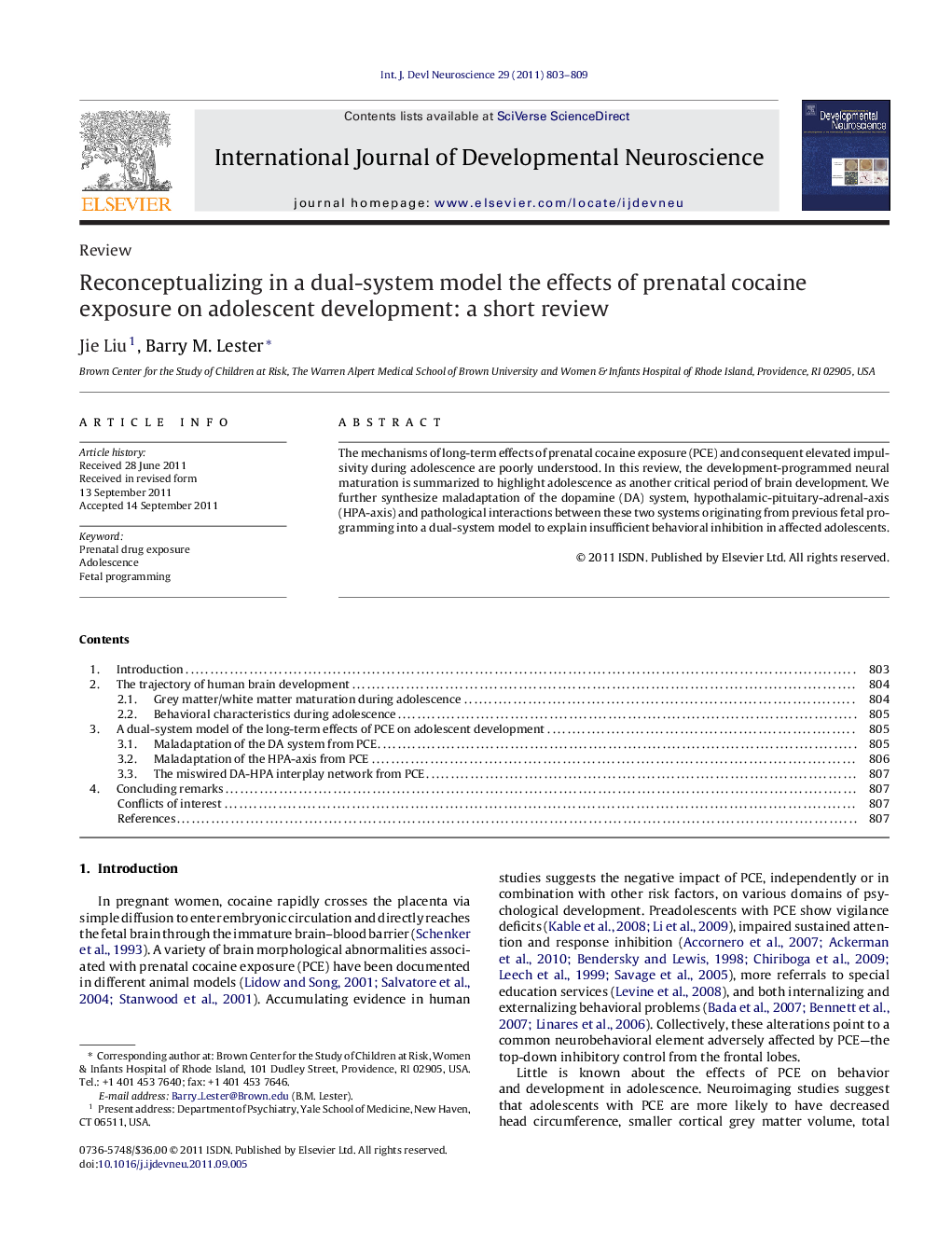 Reconceptualizing in a dual-system model the effects of prenatal cocaine exposure on adolescent development: a short review