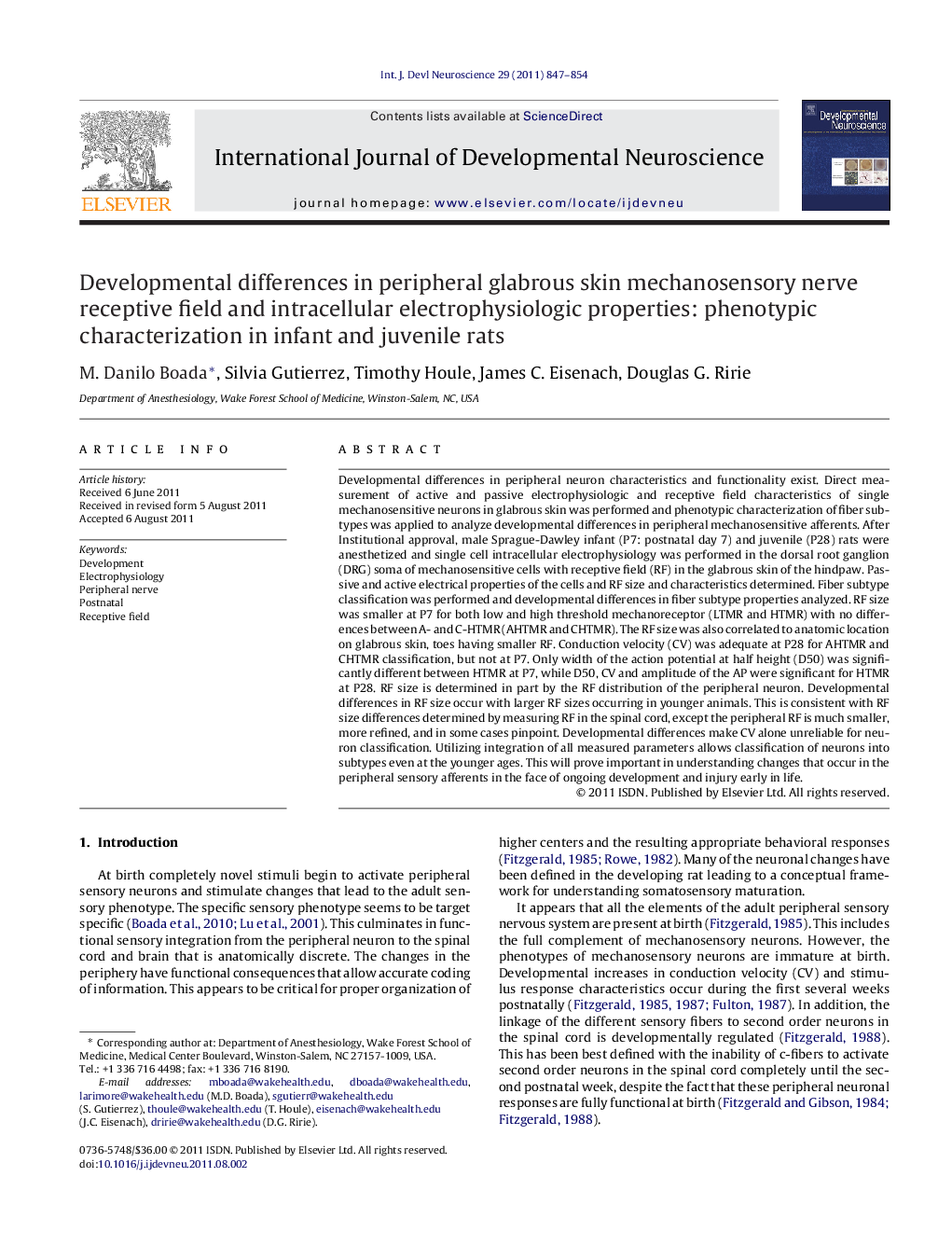 Developmental differences in peripheral glabrous skin mechanosensory nerve receptive field and intracellular electrophysiologic properties: phenotypic characterization in infant and juvenile rats