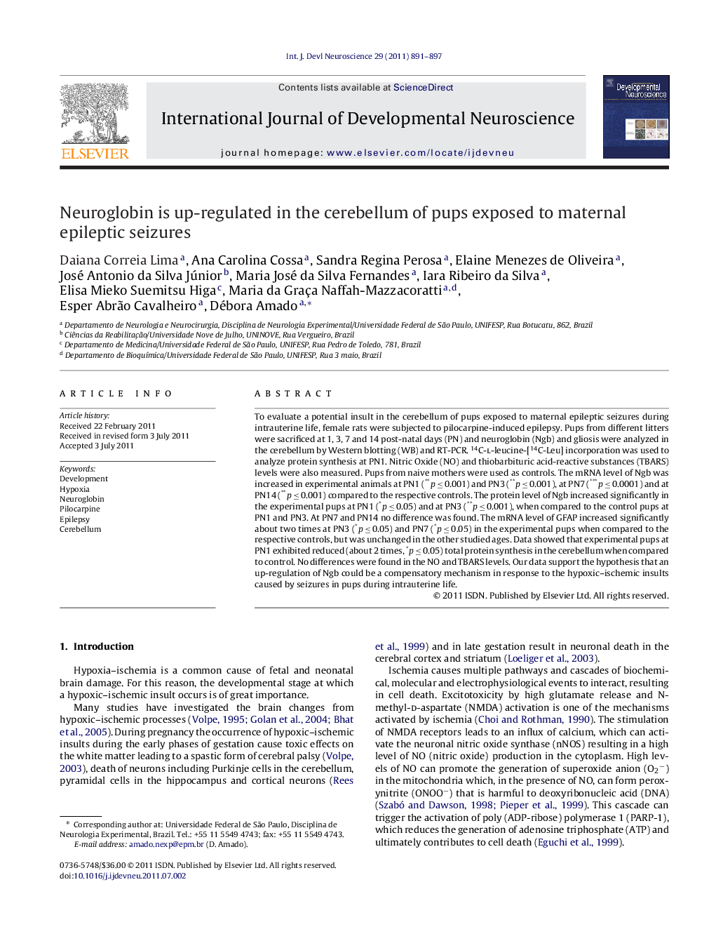 Neuroglobin is up-regulated in the cerebellum of pups exposed to maternal epileptic seizures