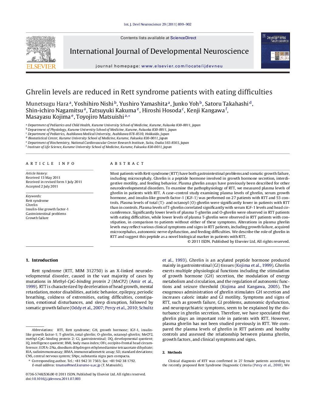 Ghrelin levels are reduced in Rett syndrome patients with eating difficulties