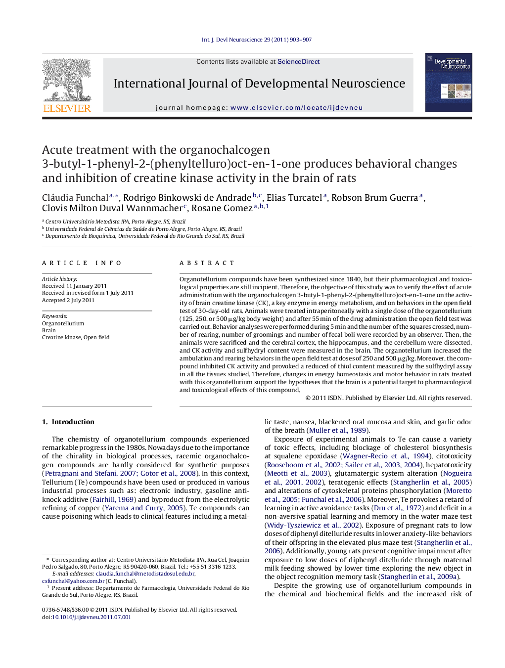 Acute treatment with the organochalcogen 3-butyl-1-phenyl-2-(phenyltelluro)oct-en-1-one produces behavioral changes and inhibition of creatine kinase activity in the brain of rats