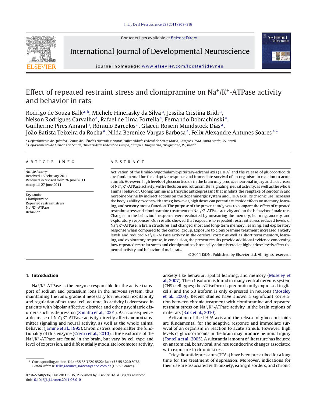 Effect of repeated restraint stress and clomipramine on Na+/K+-ATPase activity and behavior in rats