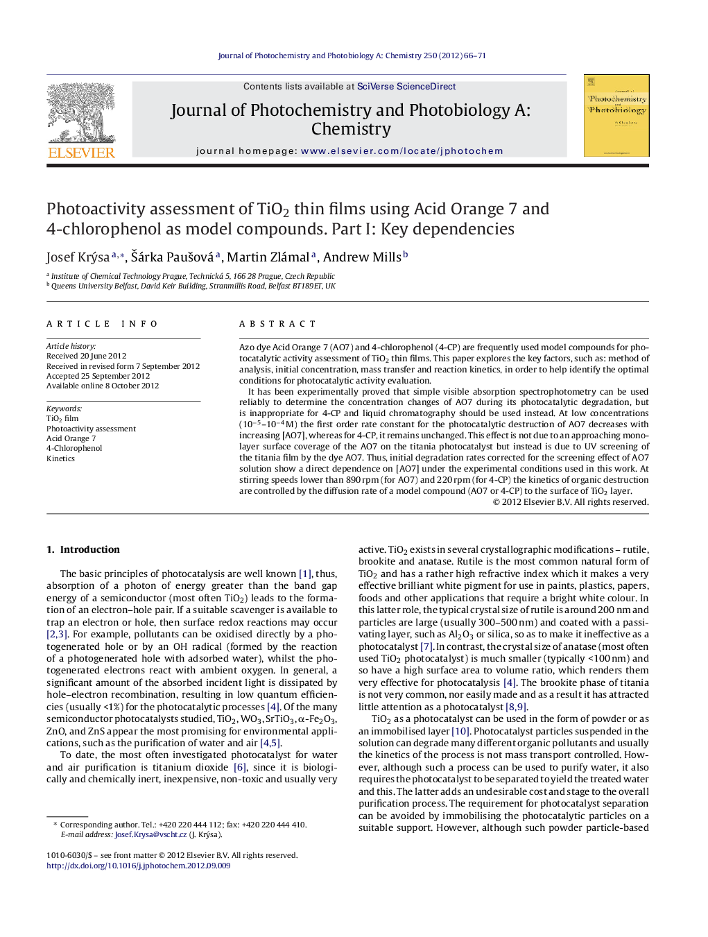 Photoactivity assessment of TiO2 thin films using Acid Orange 7 and 4-chlorophenol as model compounds. Part I: Key dependencies