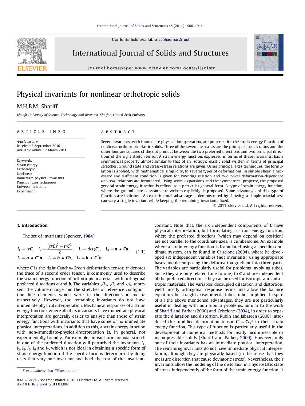 Physical invariants for nonlinear orthotropic solids