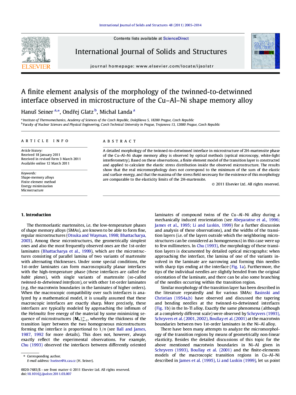 A finite element analysis of the morphology of the twinned-to-detwinned interface observed in microstructure of the Cu–Al–Ni shape memory alloy