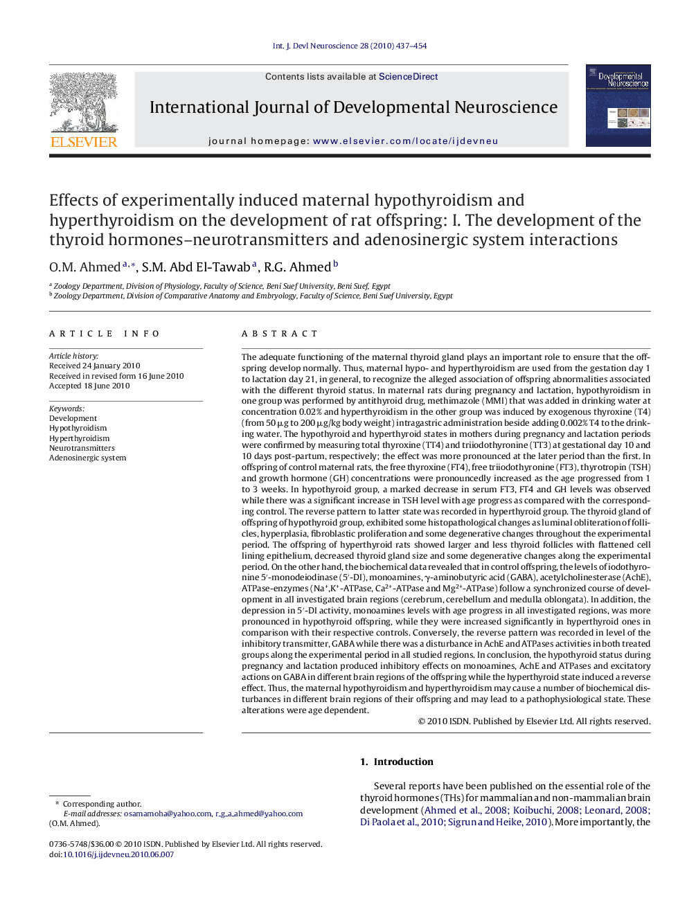 Effects of experimentally induced maternal hypothyroidism and hyperthyroidism on the development of rat offspring: I. The development of the thyroid hormones–neurotransmitters and adenosinergic system interactions