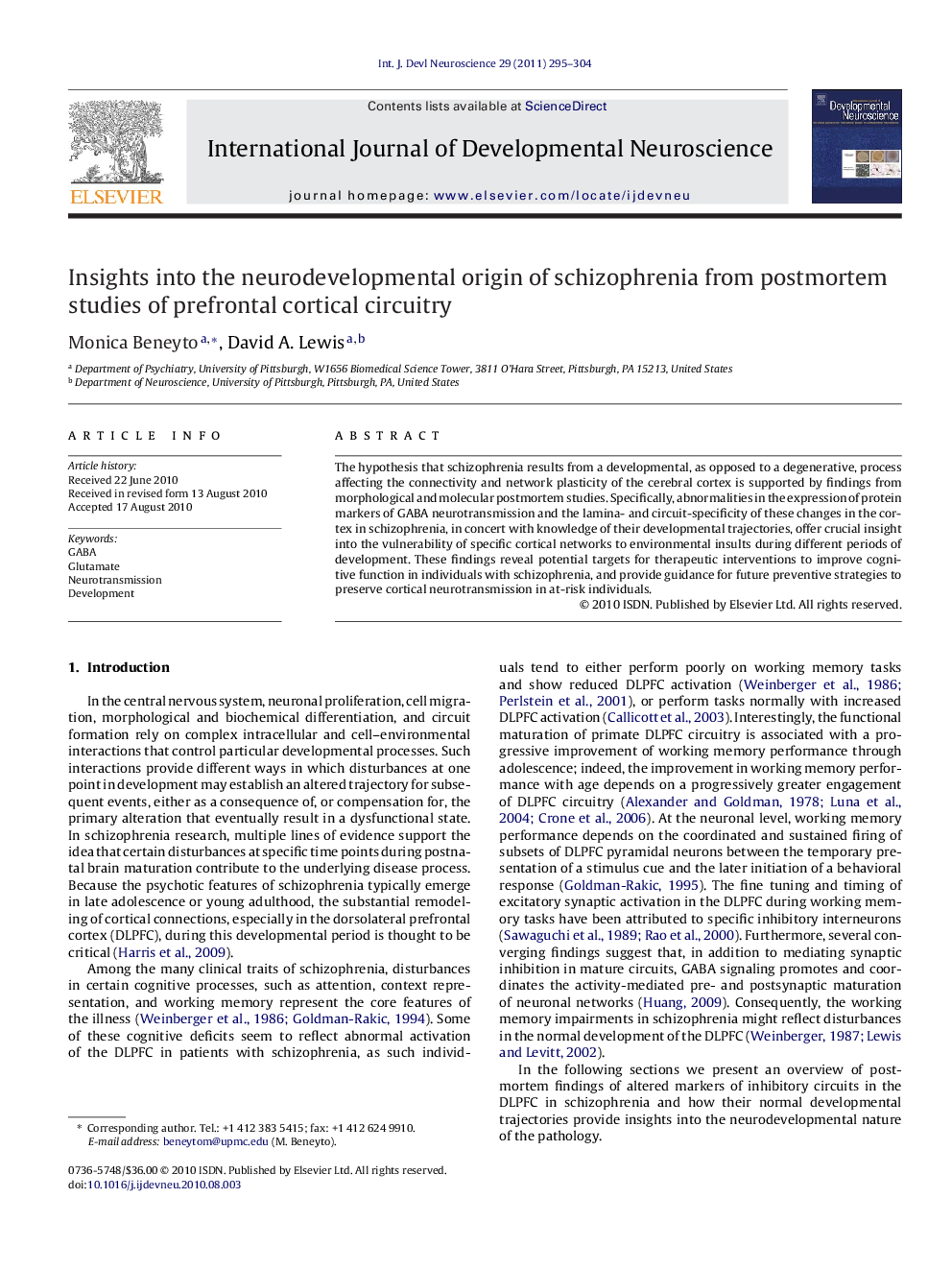 Insights into the neurodevelopmental origin of schizophrenia from postmortem studies of prefrontal cortical circuitry