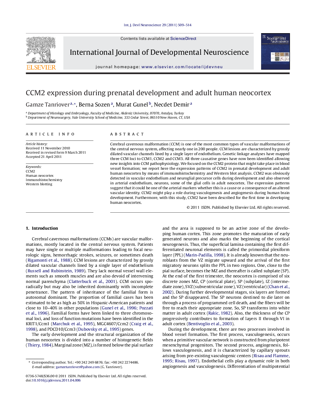 CCM2 expression during prenatal development and adult human neocortex