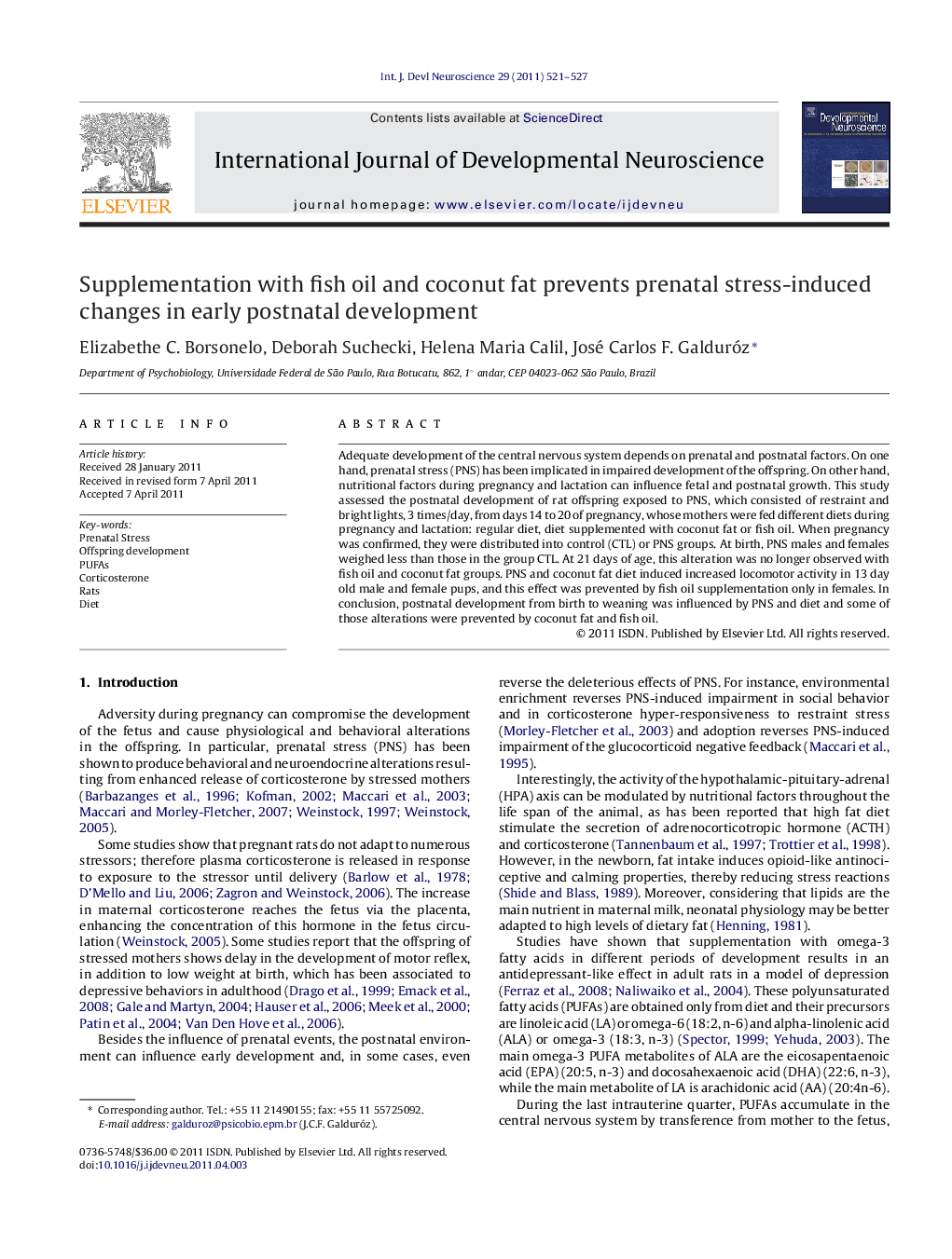 Supplementation with fish oil and coconut fat prevents prenatal stress-induced changes in early postnatal development