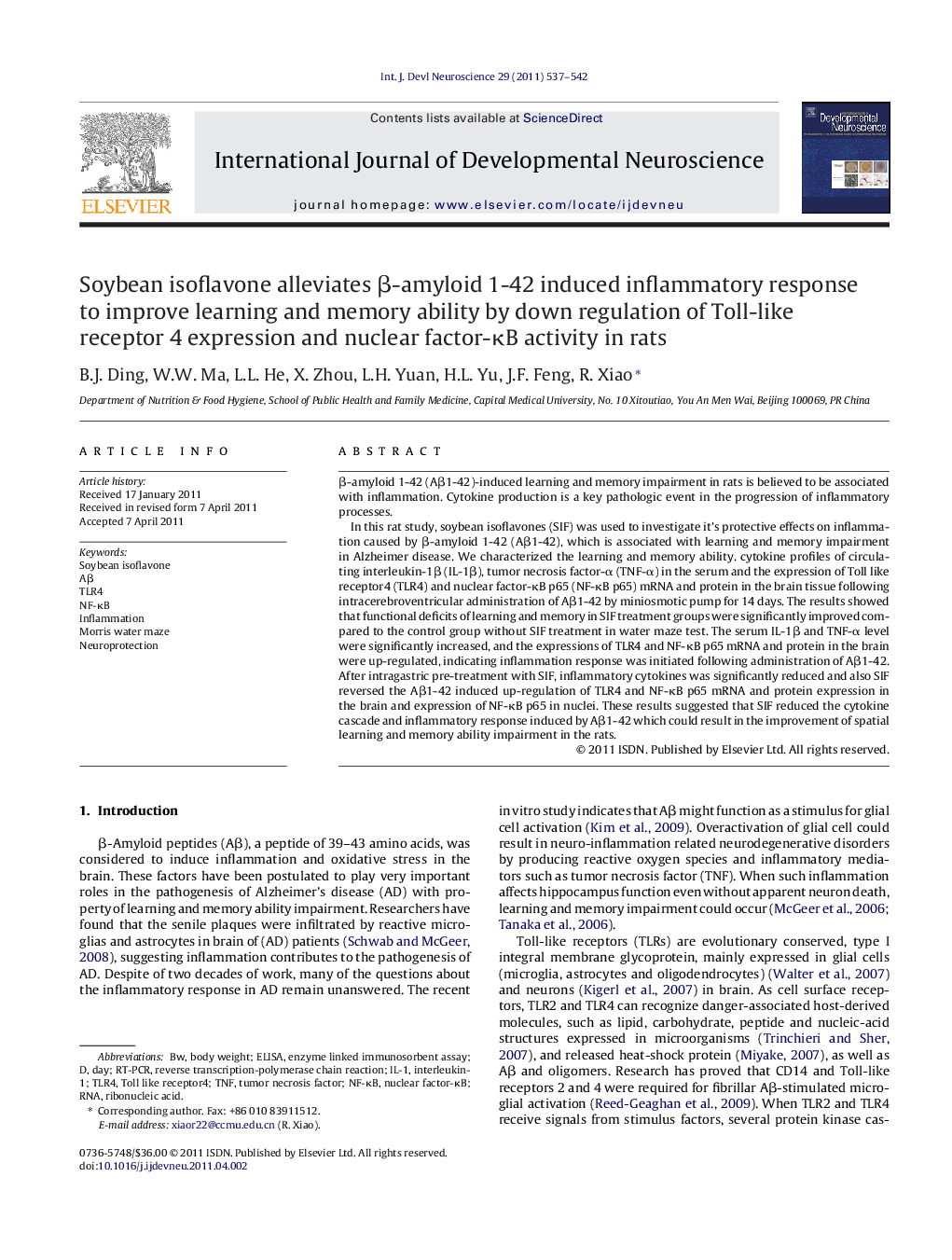 Soybean isoflavone alleviates β-amyloid 1-42 induced inflammatory response to improve learning and memory ability by down regulation of Toll-like receptor 4 expression and nuclear factor-κB activity in rats