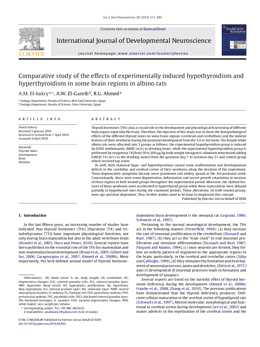 Comparative study of the effects of experimentally induced hypothyroidism and hyperthyroidism in some brain regions in albino rats