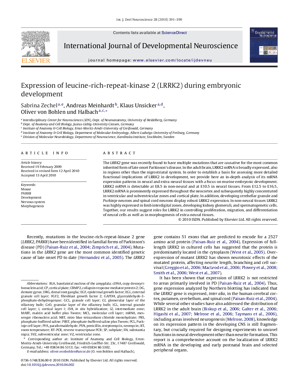 Expression of leucine-rich-repeat-kinase 2 (LRRK2) during embryonic development