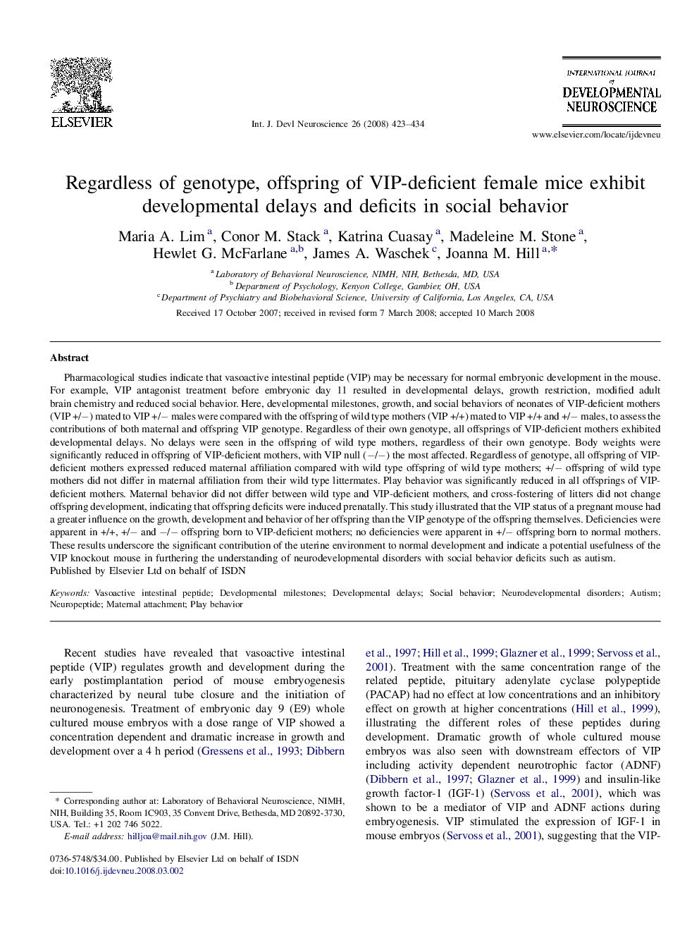 Regardless of genotype, offspring of VIP-deficient female mice exhibit developmental delays and deficits in social behavior