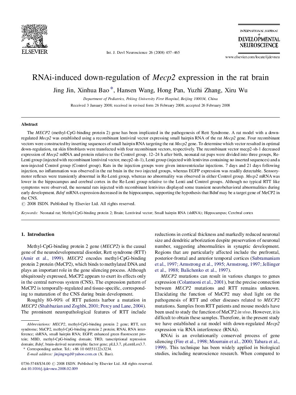 RNAi-induced down-regulation of Mecp2 expression in the rat brain