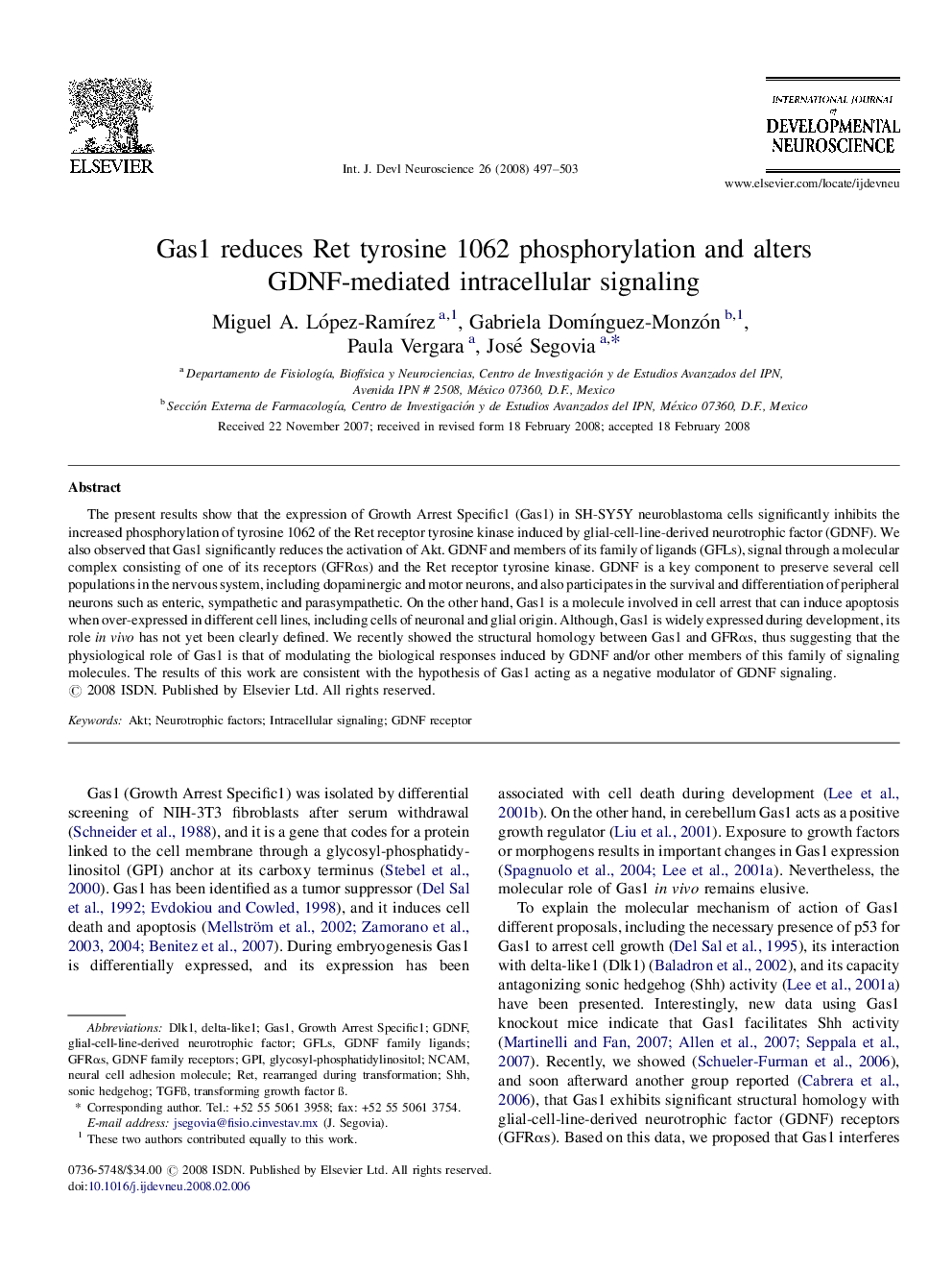 Gas1 reduces Ret tyrosine 1062 phosphorylation and alters GDNF-mediated intracellular signaling