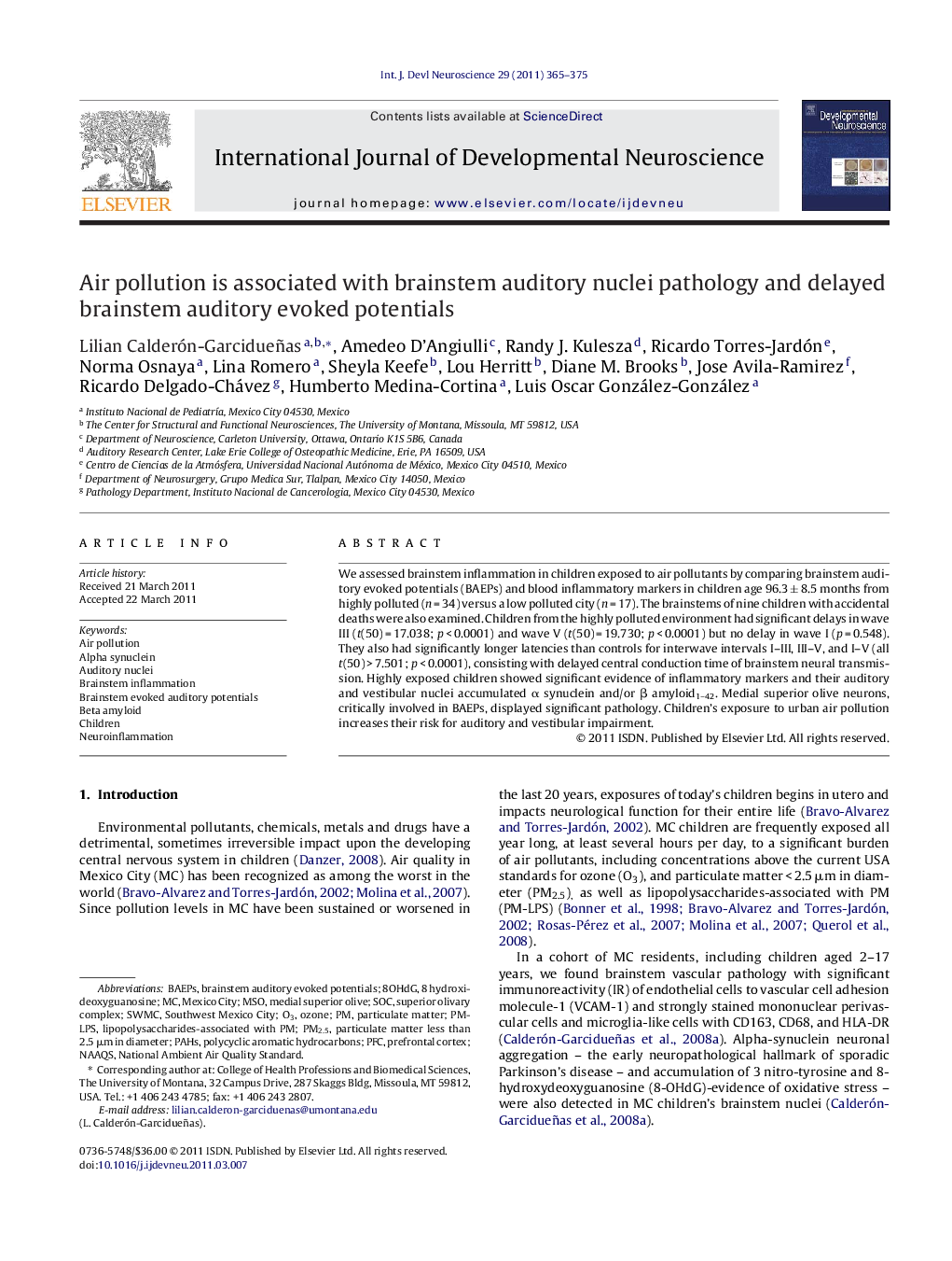 Air pollution is associated with brainstem auditory nuclei pathology and delayed brainstem auditory evoked potentials