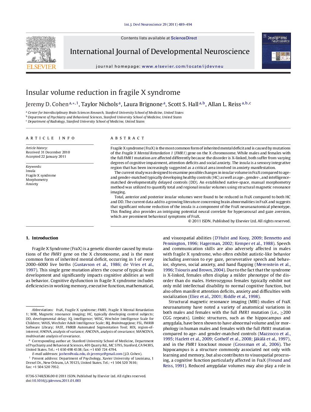 Insular volume reduction in fragile X syndrome