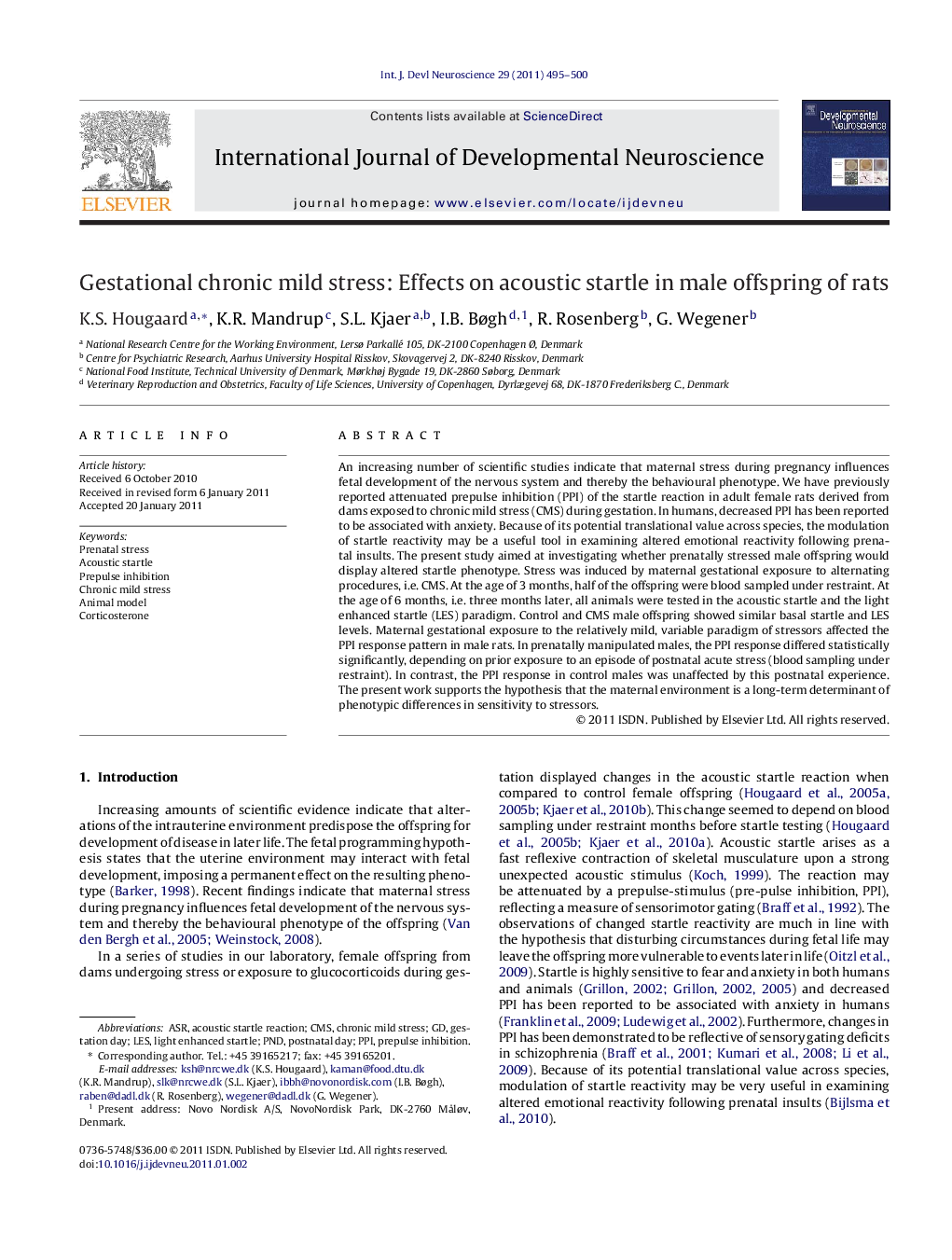 Gestational chronic mild stress: Effects on acoustic startle in male offspring of rats