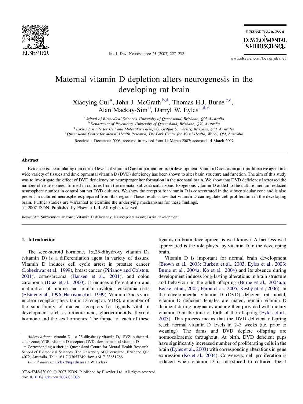 Maternal vitamin D depletion alters neurogenesis in the developing rat brain